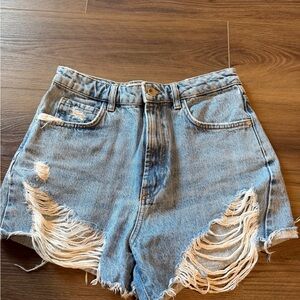 Zara Light Blue Distressed High Waist Denim Shorts